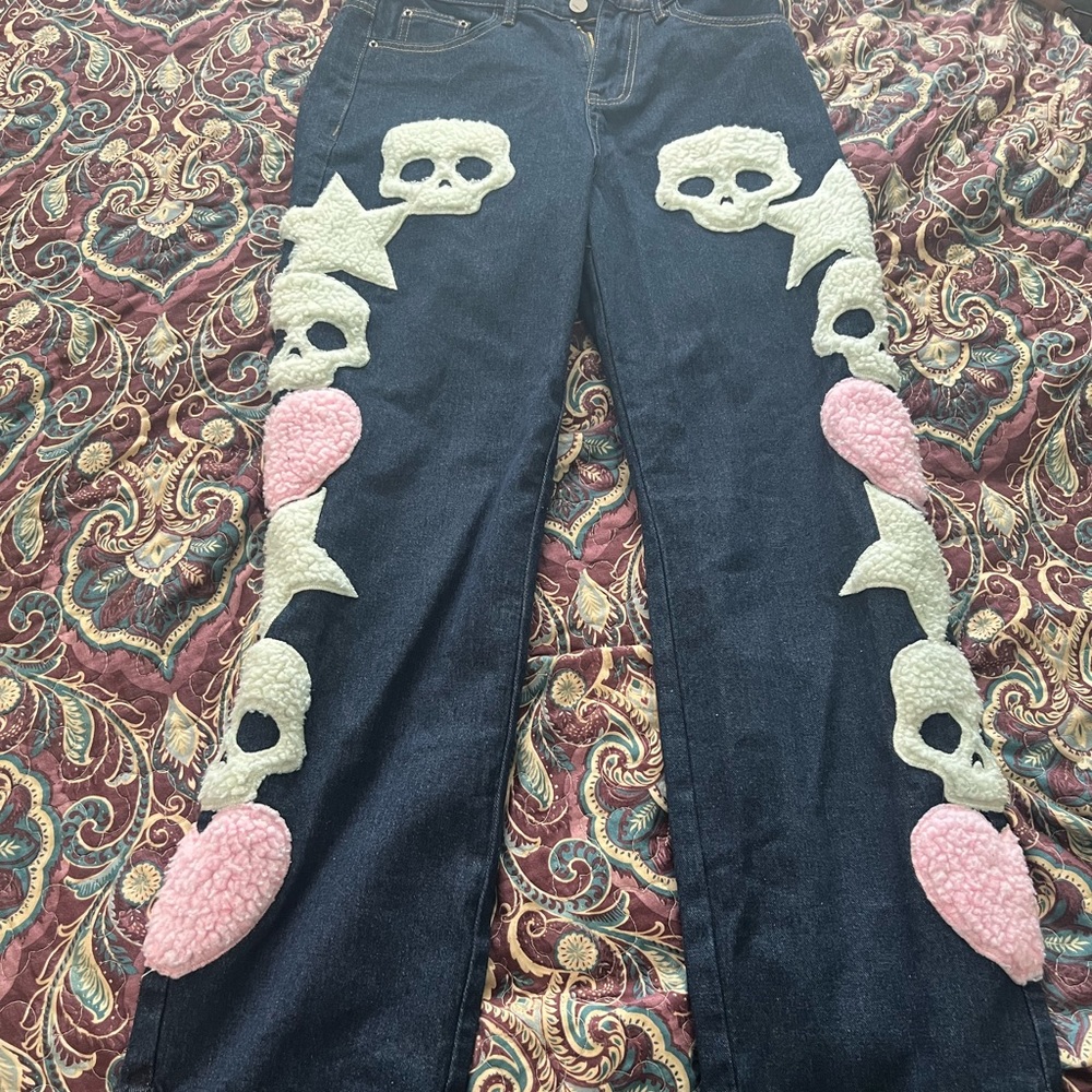 Denim Heart Skull Jeans